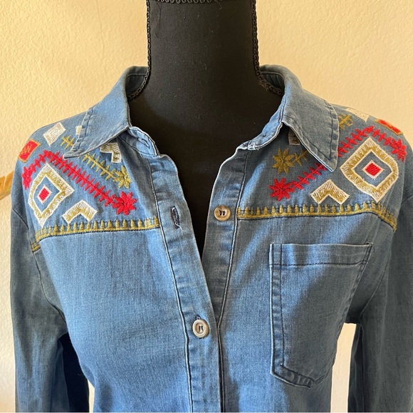 La Diosa Aztec Embroidered Denim Button-Up Long Sleeve Medium - Picture 2 of 11